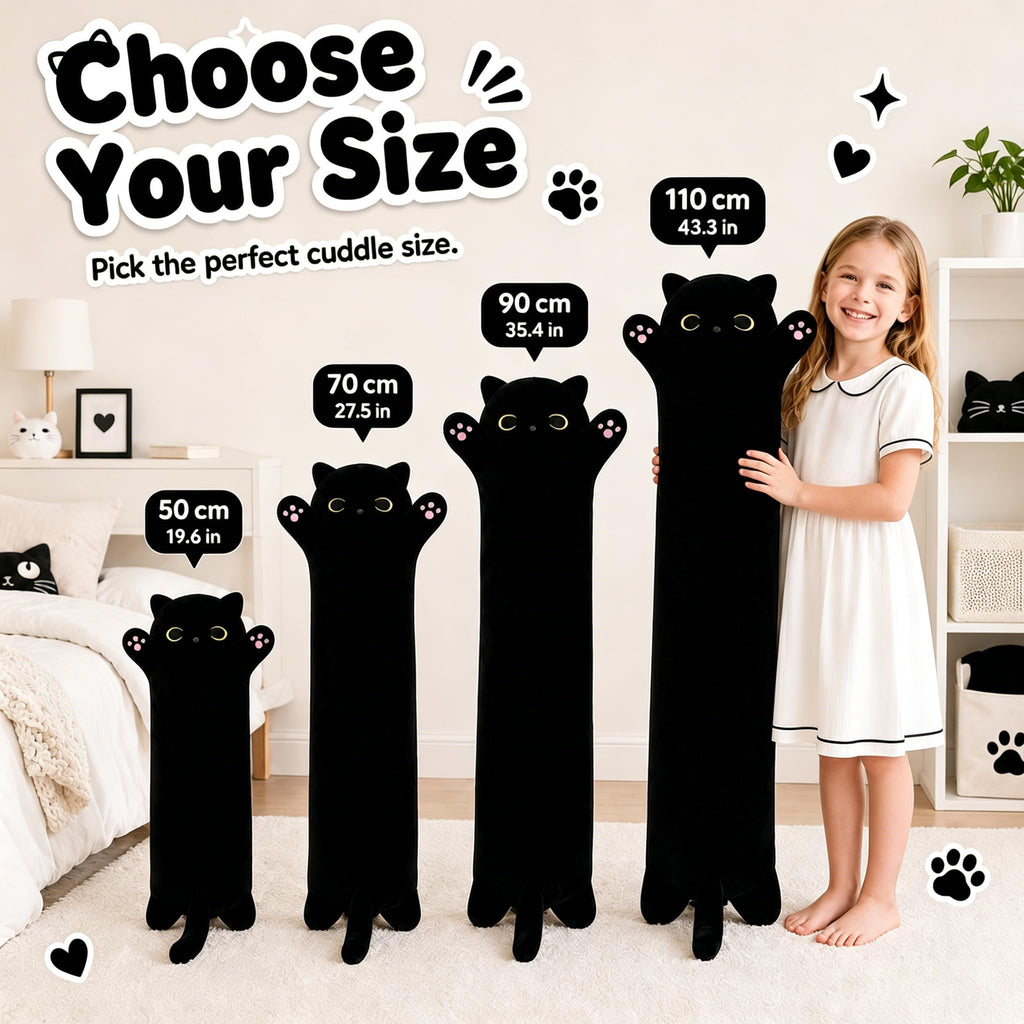 Yeqivo 19.6 Inch Black Cat Plush Body Pillow – Soft Long Stuffed Animal Toy, Kawaii Kitten Plushie for Kids and Adults