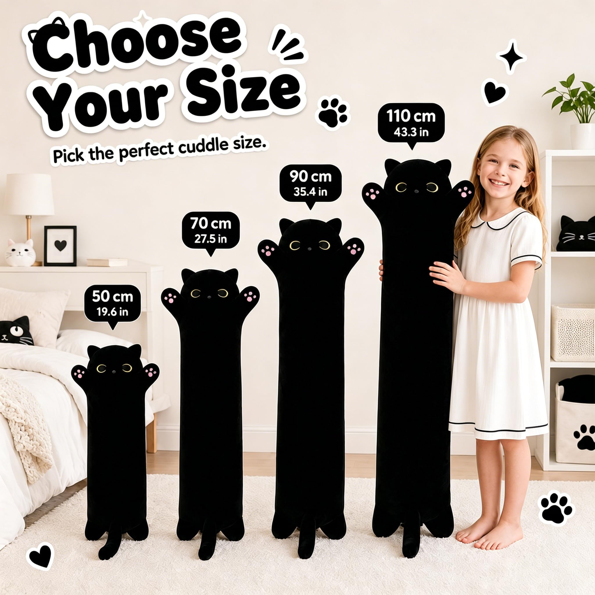 Yeqivo 19.6 Inch Black Cat Plush Body Pillow – Soft Long Stuffed Animal Toy, Kawaii Kitten Plushie for Kids and Adults