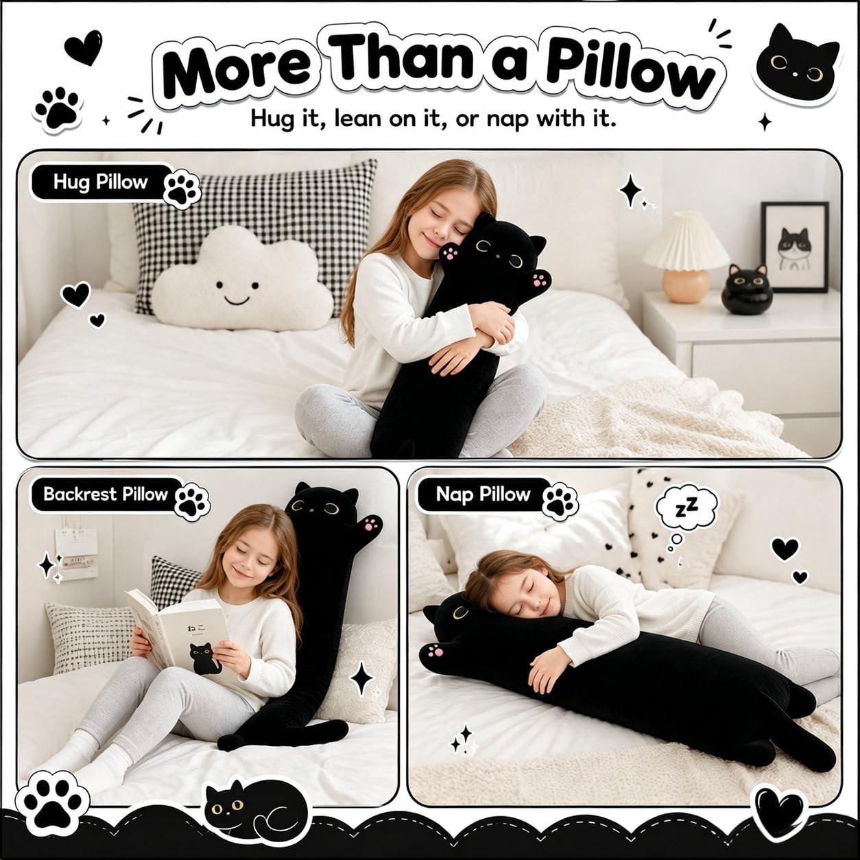 Yeqivo 19.6 Inch Black Cat Plush Body Pillow – Soft Long Stuffed Animal Toy, Kawaii Kitten Plushie for Kids and Adults