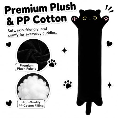 Yeqivo 19.6 Inch Black Cat Plush Body Pillow – Soft Long Stuffed Animal Toy, Kawaii Kitten Plushie for Kids and Adults