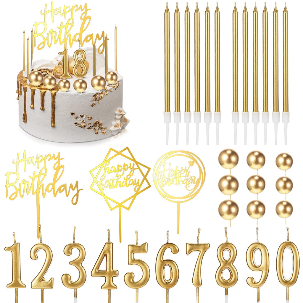 Yerliker 34-Piece Gold Happy Birthday Cake Topper Set with Candles and Decorations