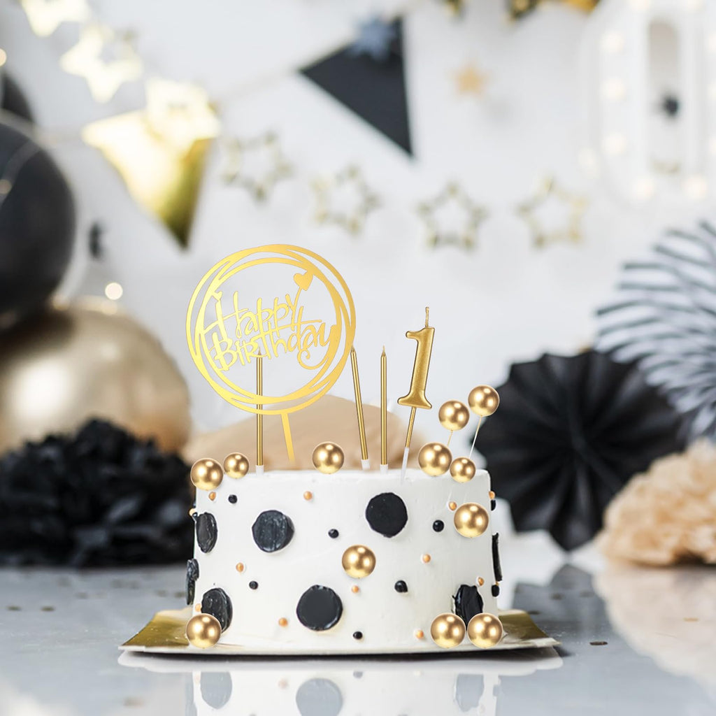 Yerliker 34-Piece Gold Happy Birthday Cake Topper Set with Candles and Decorations