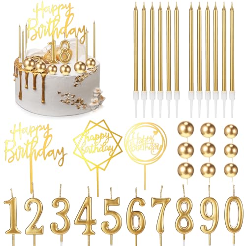 Yerliker 34-Piece Gold Happy Birthday Cake Topper Set with Candles and Decorations