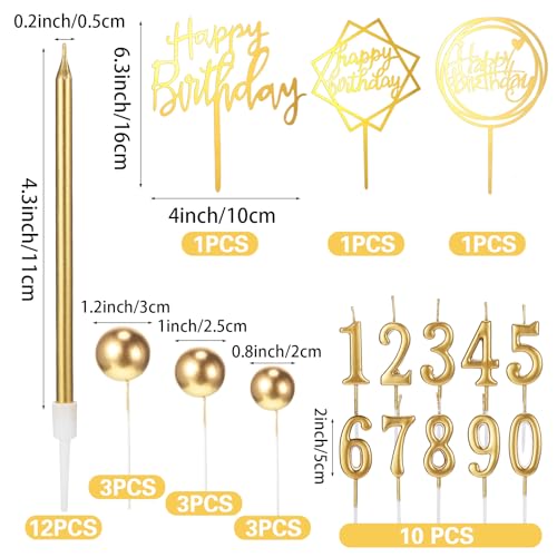 Yerliker 34-Piece Gold Happy Birthday Cake Topper Set with Candles and Decorations