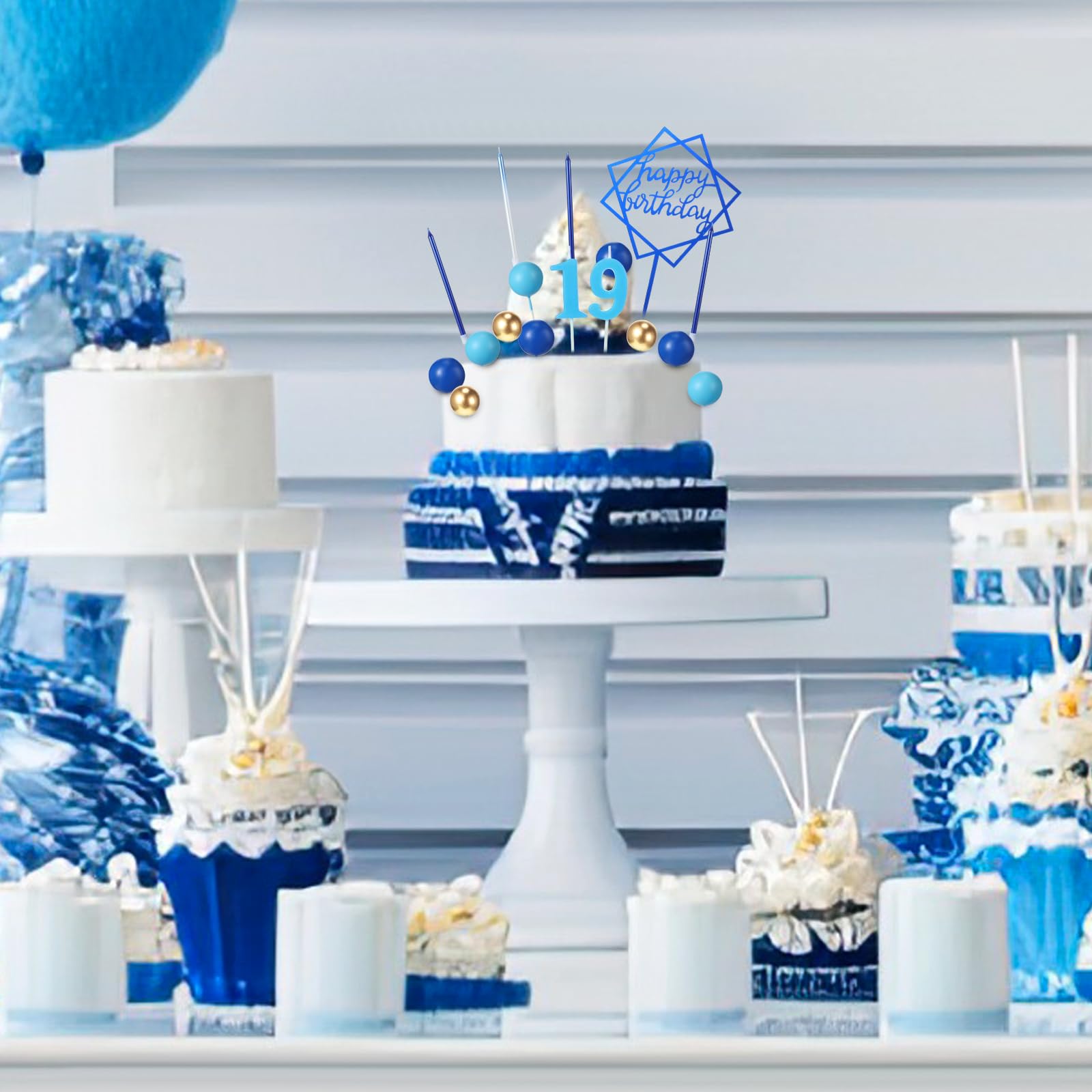 Yerliker 34-Piece Navy Blue Birthday Cake Toppers Set with Acrylic Sign, Numeral Candles, and Ball Decorations