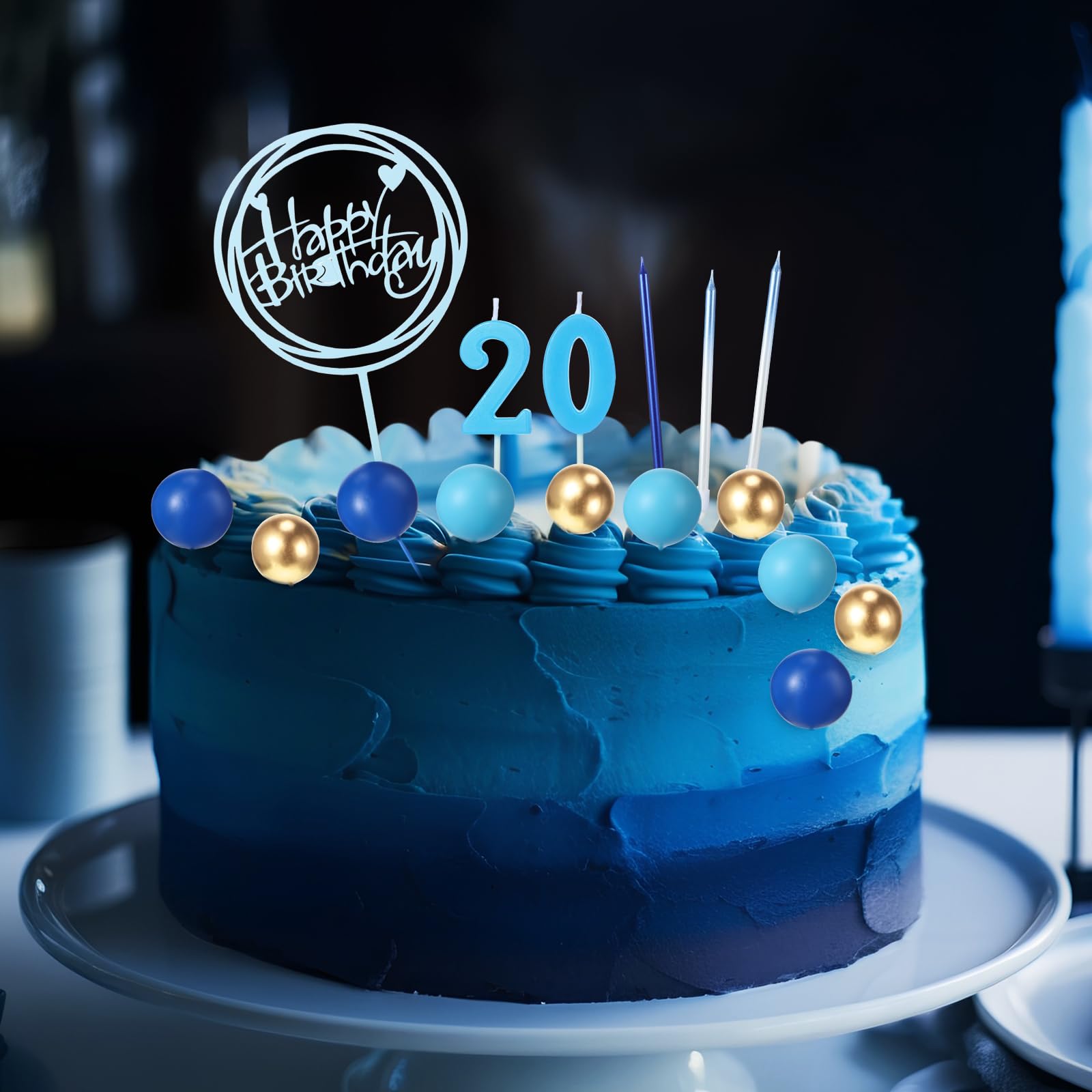 Yerliker 34-Piece Navy Blue Birthday Cake Toppers Set with Acrylic Sign, Numeral Candles, and Ball Decorations