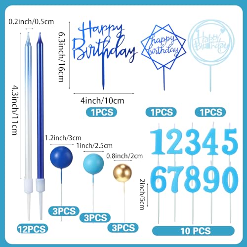 Yerliker 34-Piece Navy Blue Birthday Cake Toppers Set with Acrylic Sign, Numeral Candles, and Ball Decorations