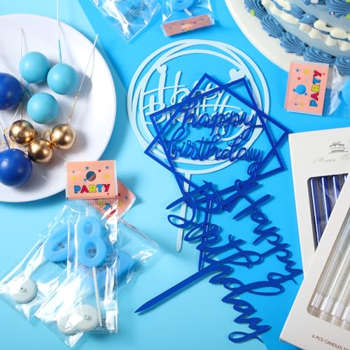 Yerliker 34-Piece Navy Blue Birthday Cake Toppers Set with Acrylic Sign, Numeral Candles, and Ball Decorations