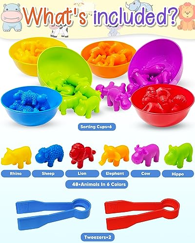 Yetonamr Counting Dinosaurs Montessori Toys – 36-Piece Animal Sorting Set with Bowls and Tweezers for Ages 3-8