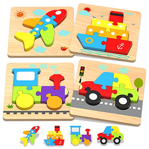 Yetonamr Wooden Toddler Puzzles – 4 Vehicle Montessori Toys for Boys Girls