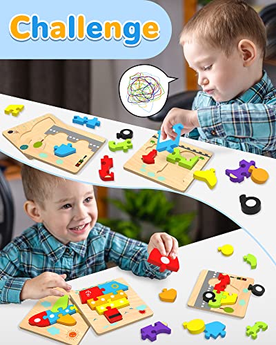Yetonamr Wooden Toddler Puzzles – 4 Vehicle Montessori Toys for Boys Girls