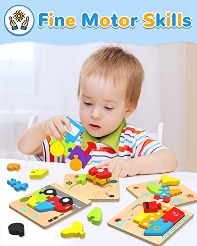 Yetonamr Wooden Toddler Puzzles – 4 Vehicle Montessori Toys for Boys Girls