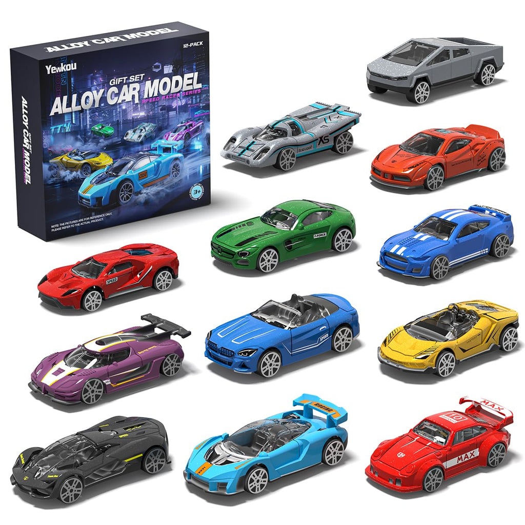 Yewkou 1:64 Scale Die-Cast Metal Toy Cars 12-Pack - Pickup, Racing, and Sports Cars for Kids Age 3+