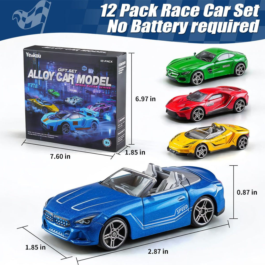 Yewkou 1:64 Scale Die-Cast Metal Toy Cars 12-Pack - Pickup, Racing, and Sports Cars for Kids Age 3+