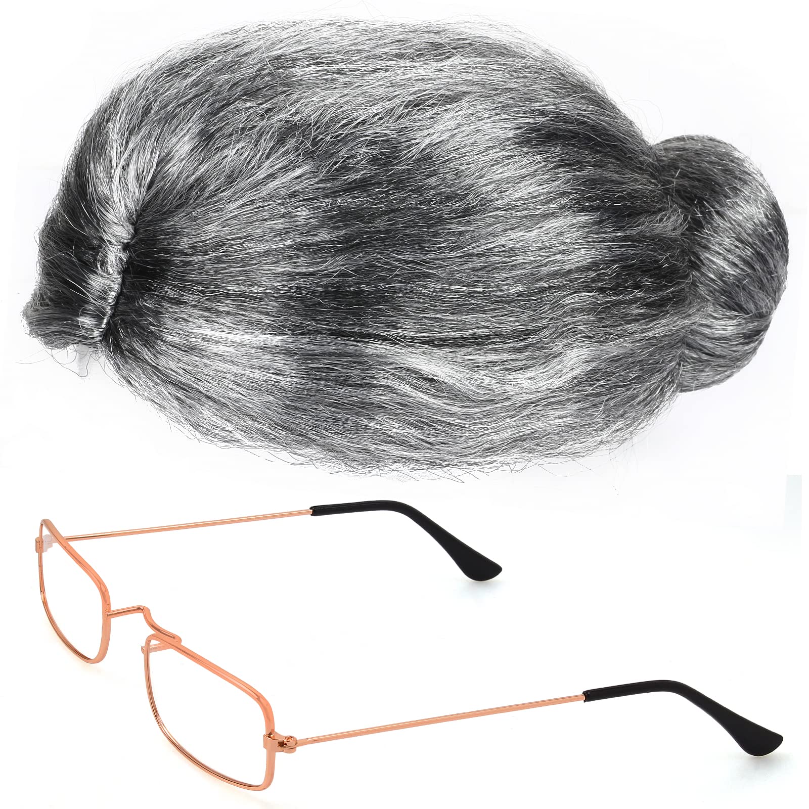 Yewong Old Lady Costume Set - 7-Piece Grandma Wig, Glasses, Inflatable Cane, and More (Grey)