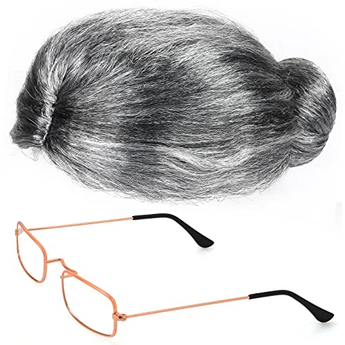 Yewong Old Lady Costume Set - 7-Piece Grandma Wig, Glasses, Inflatable Cane, and More (Grey)