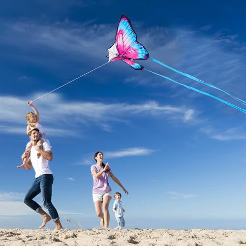 YFAFENGS Butterfly Kite for Kids & Adults – Easy to Fly with Long Tail, 55.5 Inch Purple & Blue
