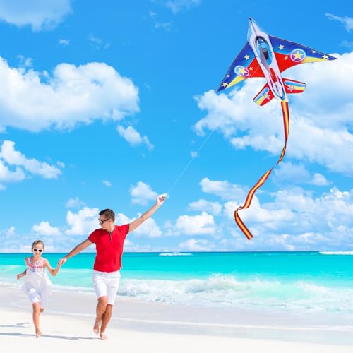 YFAFENGS Fighter Jet Kite for Kids & Adults - Easy Fly Single Line Airplane Kite with Long Tail, 56.7 Inch Large Outdoor Kite for Beach Park