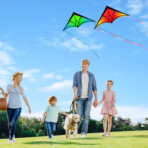 YFAFENGS Large Delta Kite Orange – Easy-to-Fly Outdoor Kite for Kids and Adults, Includes Line and Handle