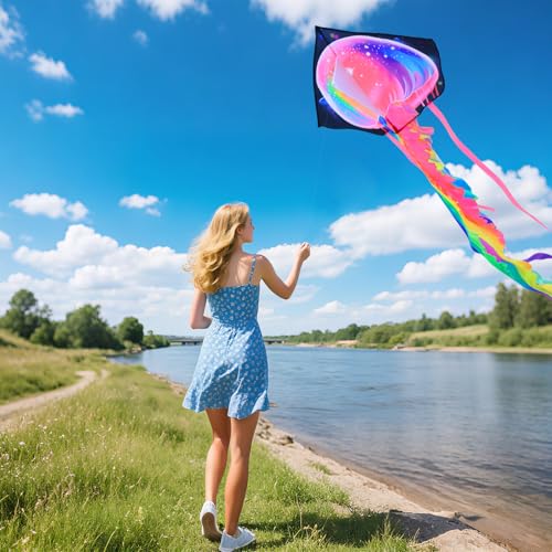 YFAFENGS Large Jellyfish Kite – Easy to Fly for Kids & Adults, Colorful Ripstop Polyester