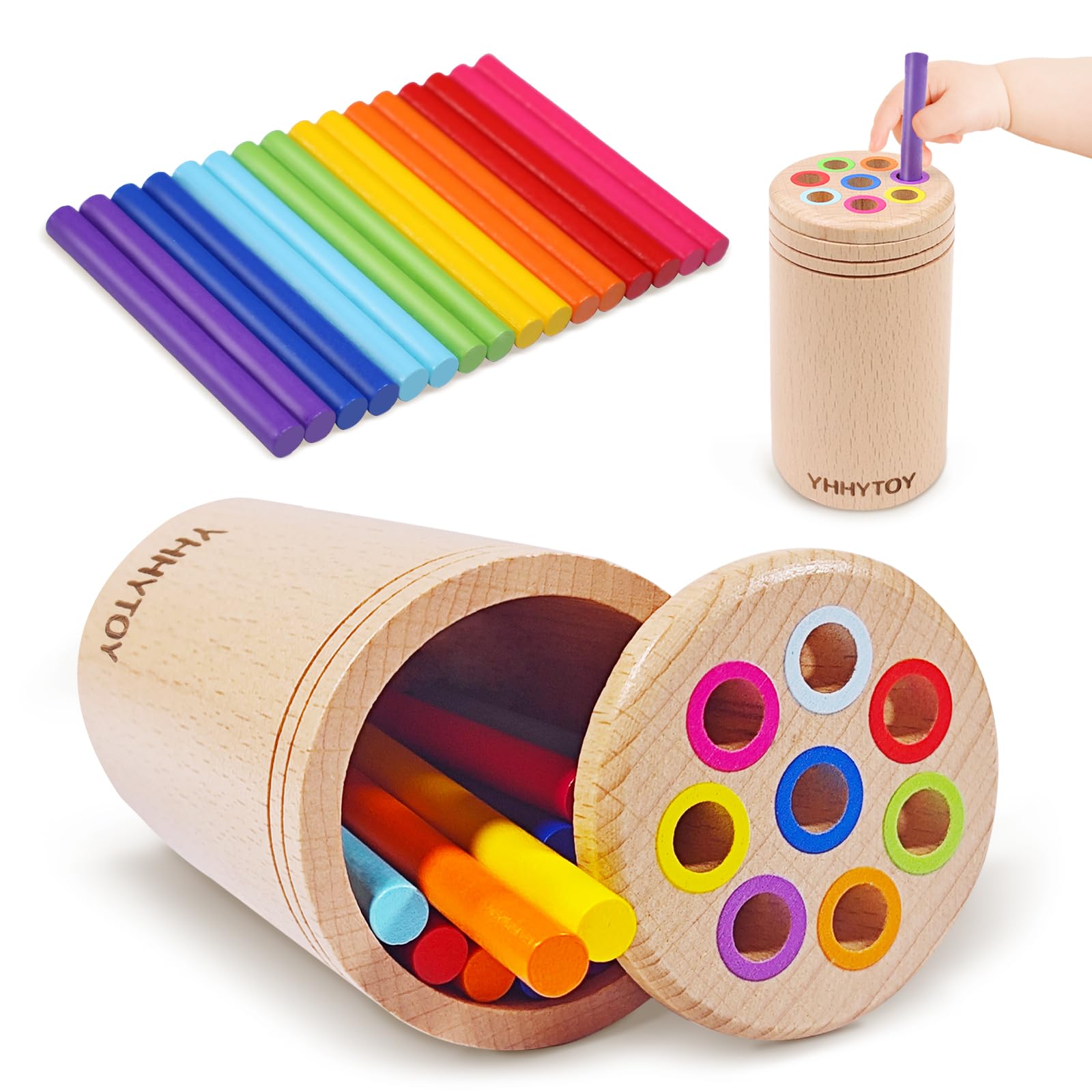 YHHYTOY Montessori Color Sorting Toy for 1-3 Year Olds - Fine Motor Skills, Wooden Beech, Travel Bag
