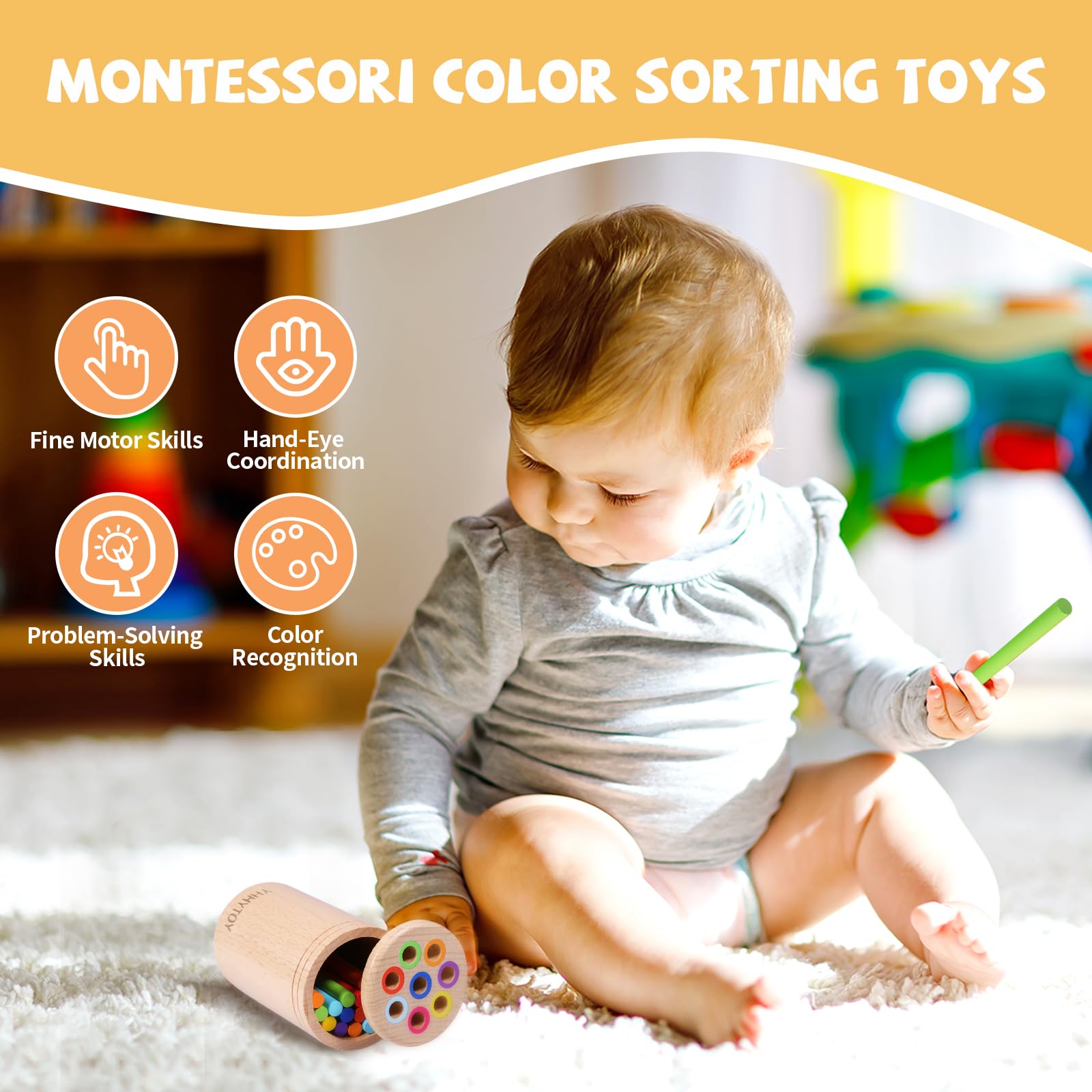 YHHYTOY Montessori Color Sorting Toy for 1-3 Year Olds - Fine Motor Skills, Wooden Beech, Travel Bag