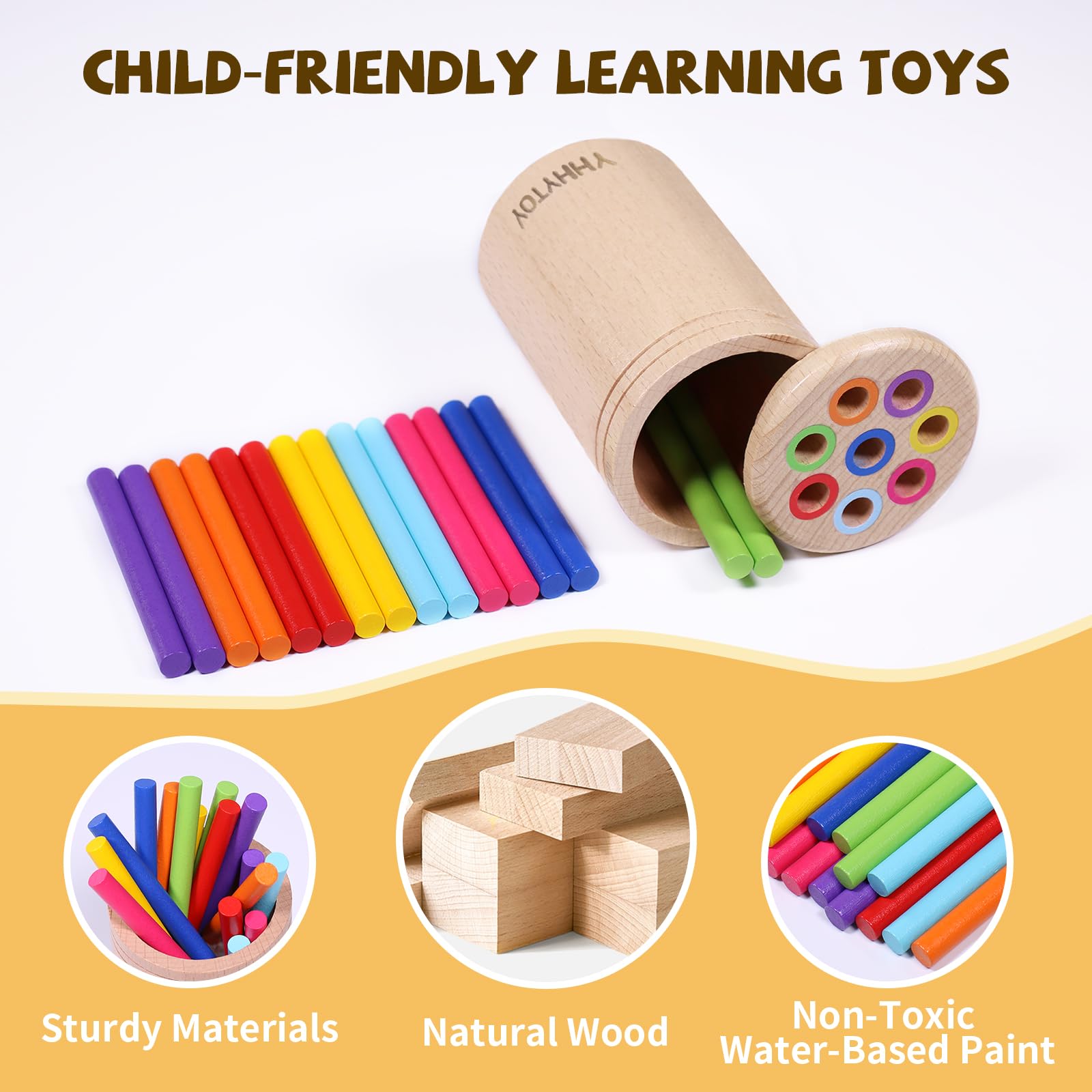 YHHYTOY Montessori Color Sorting Toy for 1-3 Year Olds - Fine Motor Skills, Wooden Beech, Travel Bag