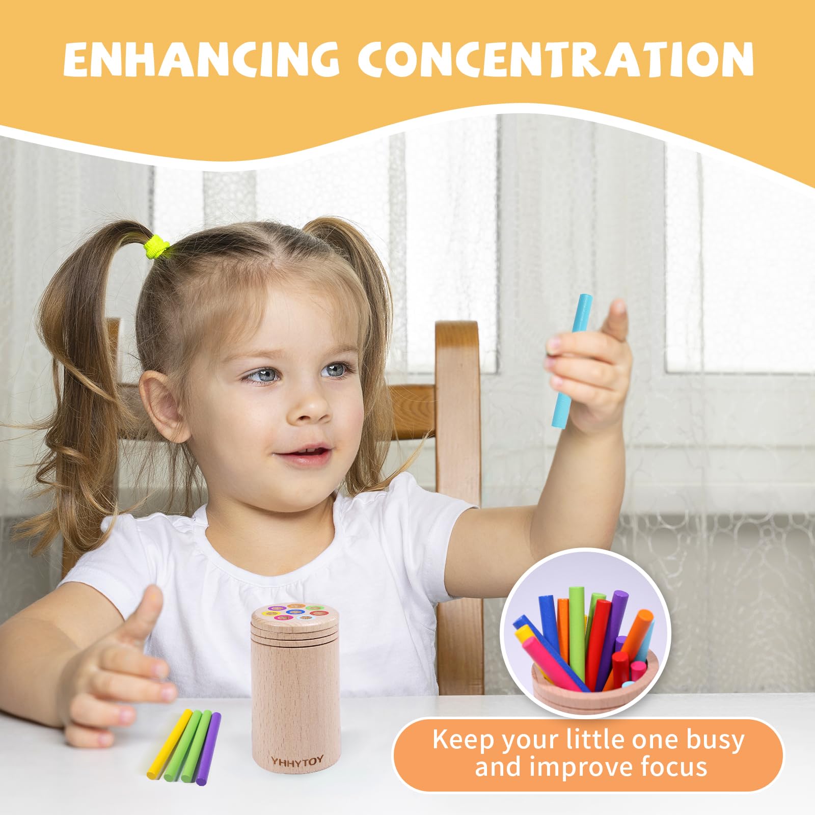 YHHYTOY Montessori Color Sorting Toy for 1-3 Year Olds - Fine Motor Skills, Wooden Beech, Travel Bag