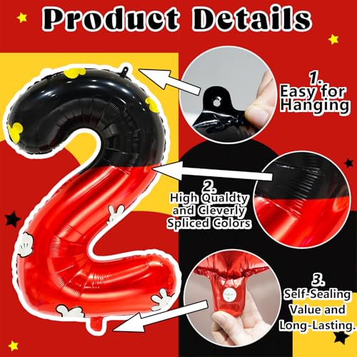 YIIHMEI Red and Black Birthday Balloon Set with 40-Inch Number 2 Foil and Star Balloons