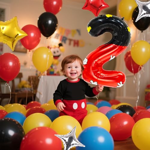 YIIHMEI Red and Black Birthday Balloon Set with 40-Inch Number 2 Foil and Star Balloons