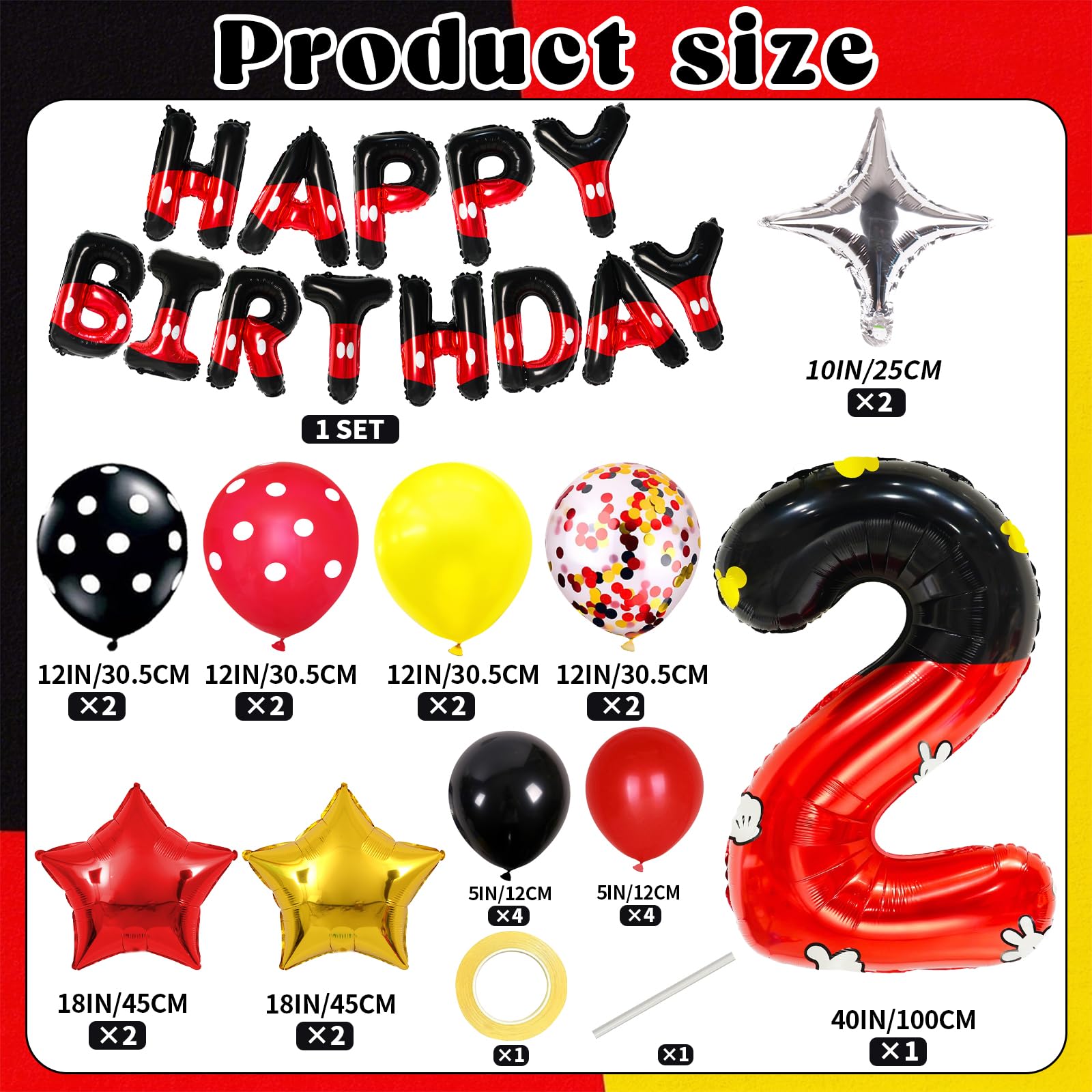 YIIHMEI Red and Black Birthday Balloon Set with 40-Inch Number 2 Foil and Star Balloons
