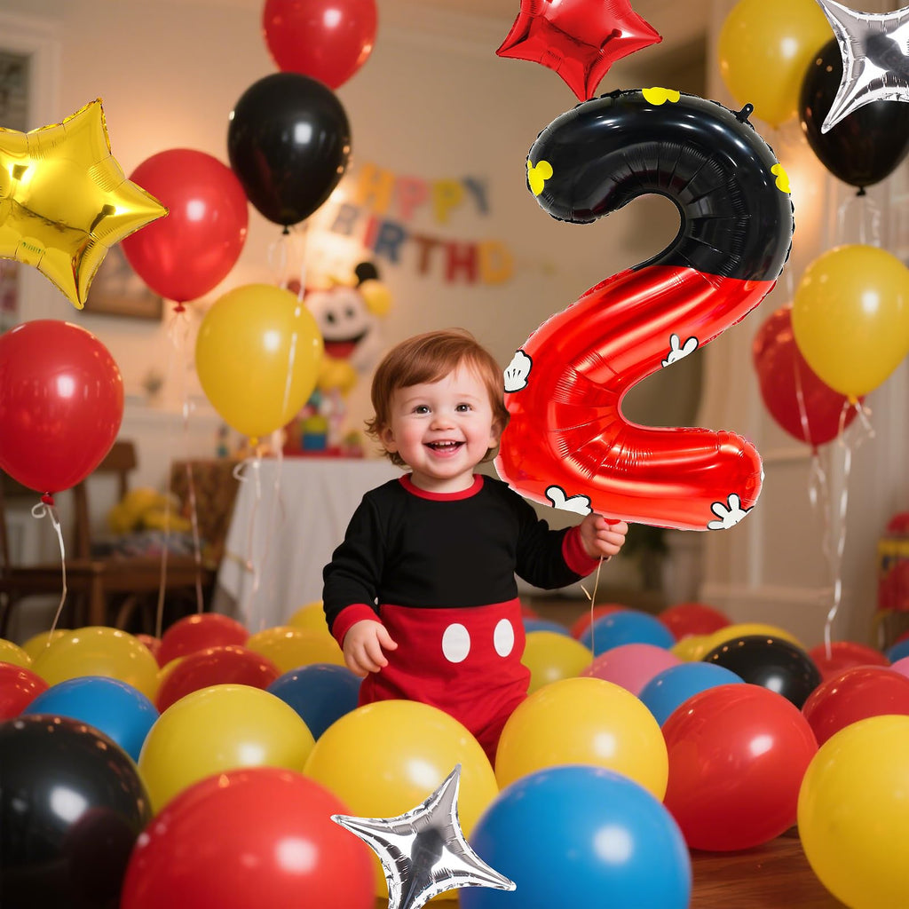 YIIHMEI Red and Black Birthday Balloon Set with 40-Inch Number 2 Foil and Star Balloons