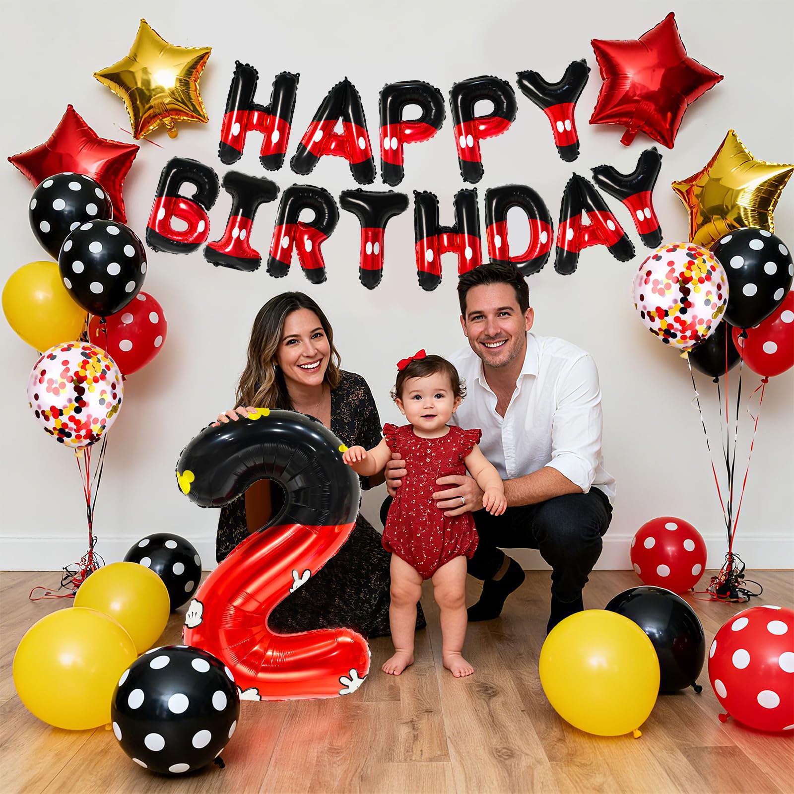 YIIHMEI Red and Black Birthday Balloon Set with 40-Inch Number 2 Foil and Star Balloons