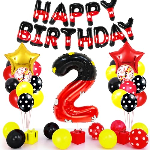 YIIHMEI Red and Black Birthday Balloon Set with 40-Inch Number 2 Foil and Star Balloons