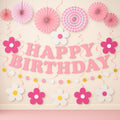 yilenta Pre-Strung Pink Birthday Decorations Kit – No DIY Felt Daisy Banner, Paper Fans, Swirls & Garland for Women, Girls & Kids