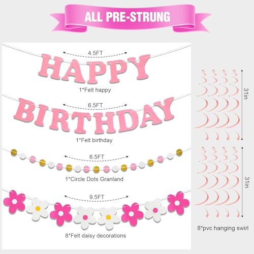 yilenta Pre-Strung Pink Birthday Decorations Kit – No DIY Felt Daisy Banner, Paper Fans, Swirls & Garland for Women, Girls & Kids