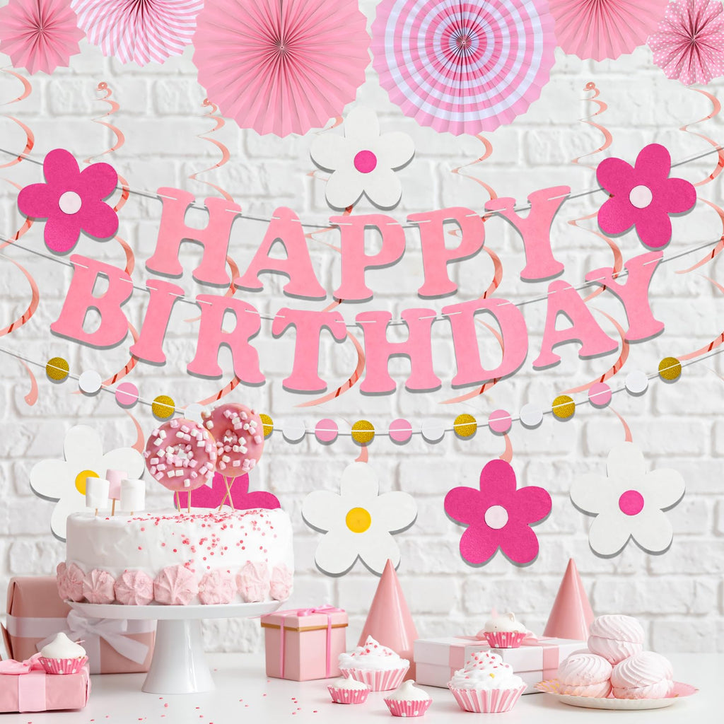 yilenta Pre-Strung Pink Birthday Decorations Kit – No DIY Felt Daisy Banner, Paper Fans, Swirls & Garland for Women, Girls & Kids