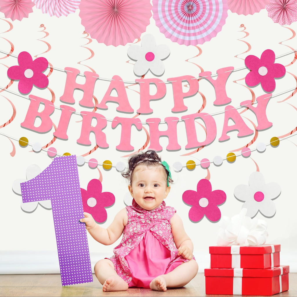 yilenta Pre-Strung Pink Birthday Decorations Kit – No DIY Felt Daisy Banner, Paper Fans, Swirls & Garland for Women, Girls & Kids