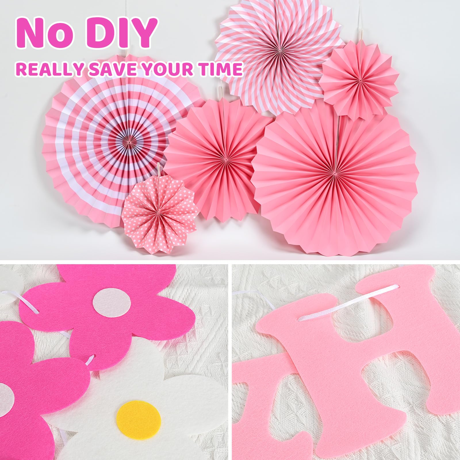 yilenta Pre-Strung Pink Birthday Decorations Kit – No DIY Felt Daisy Banner, Paper Fans, Swirls & Garland for Women, Girls & Kids