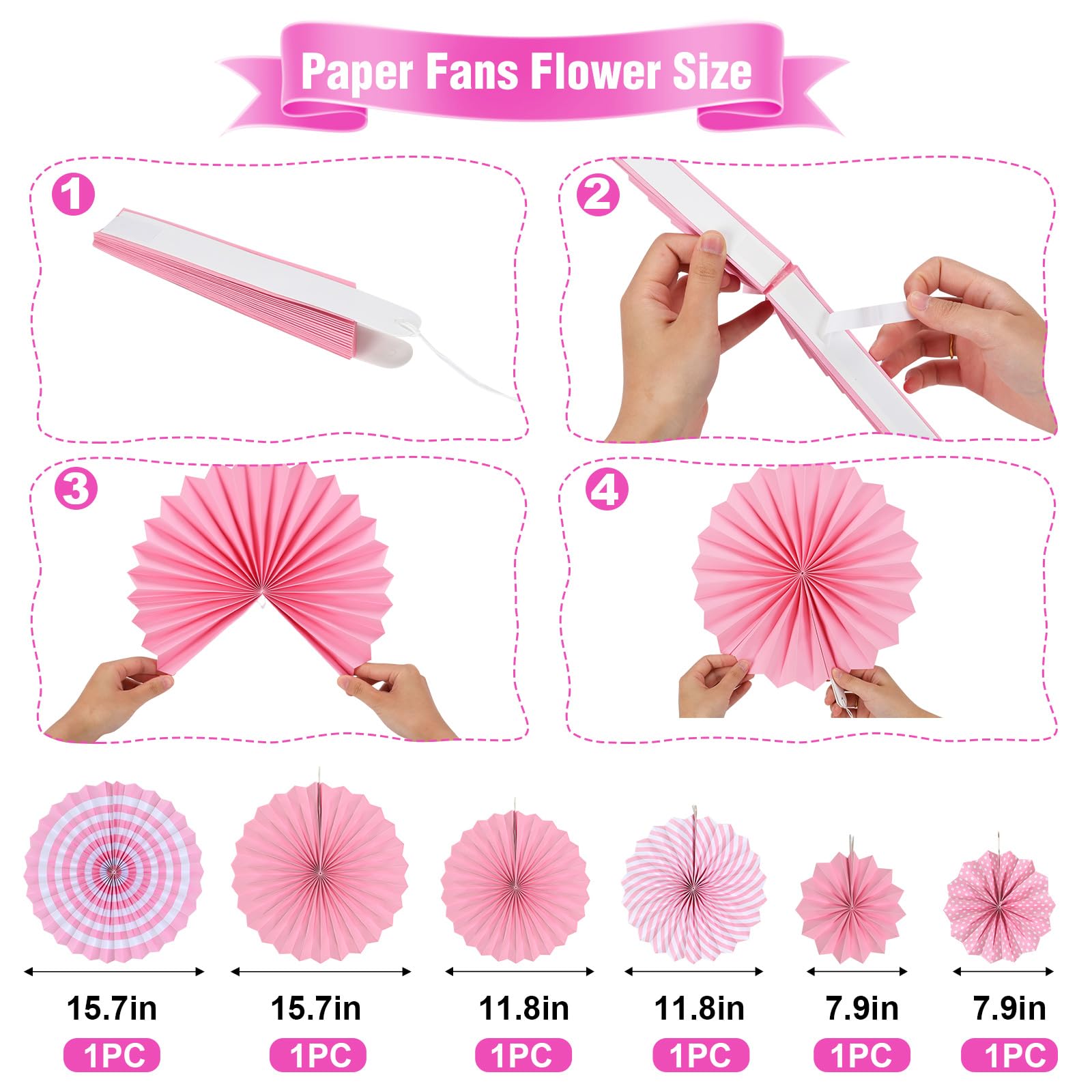yilenta Pre-Strung Pink Birthday Decorations Kit – No DIY Felt Daisy Banner, Paper Fans, Swirls & Garland for Women, Girls & Kids