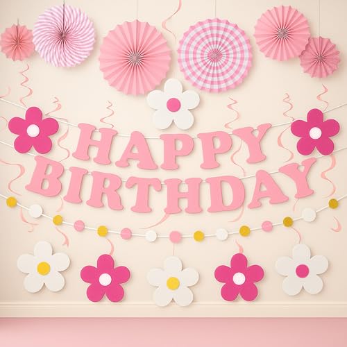 yilenta Pre-Strung Pink Birthday Decorations Kit – No DIY Felt Daisy Banner, Paper Fans, Swirls & Garland for Women, Girls & Kids