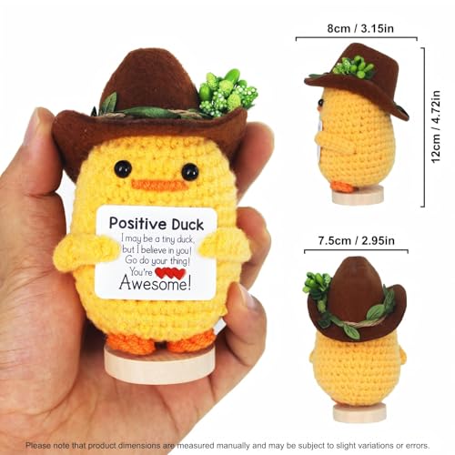 YiLUAN Mini Funny Crochet Duck – Positive Emotional Support Animal with Cowboy Hat, Great Birthday or Christmas Gift for Women, Office Desk Decor