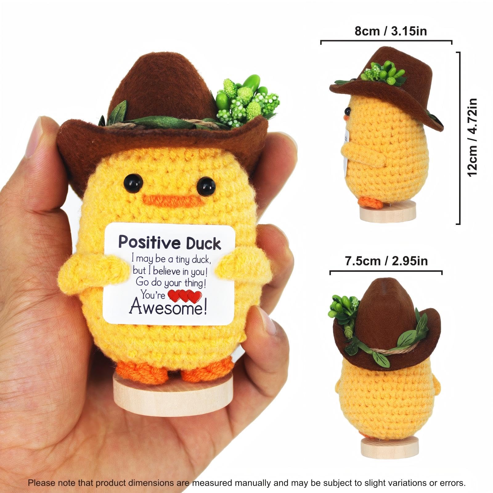 YiLUAN Mini Funny Crochet Duck – Positive Emotional Support Animal with Cowboy Hat, Great Birthday or Christmas Gift for Women, Office Desk Decor