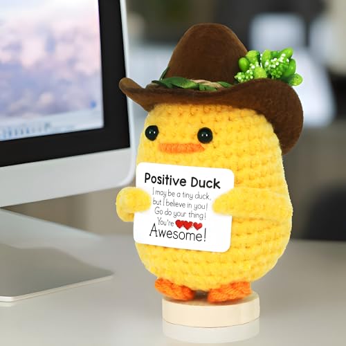 YiLUAN Mini Funny Crochet Duck – Positive Emotional Support Animal with Cowboy Hat, Great Birthday or Christmas Gift for Women, Office Desk Decor