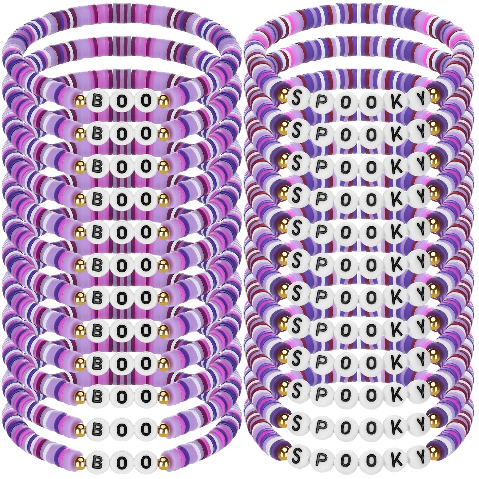 Yinkin 24 Pack Halloween Bracelets - Spooky Boo Polymer Clay Beaded Stretch Bracelets for Women Party Favors Purple Red