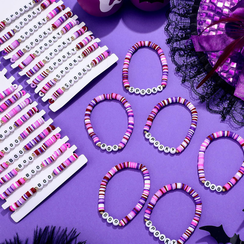 Yinkin 24 Pack Halloween Bracelets - Spooky Boo Polymer Clay Beaded Stretch Bracelets for Women Party Favors Purple Red
