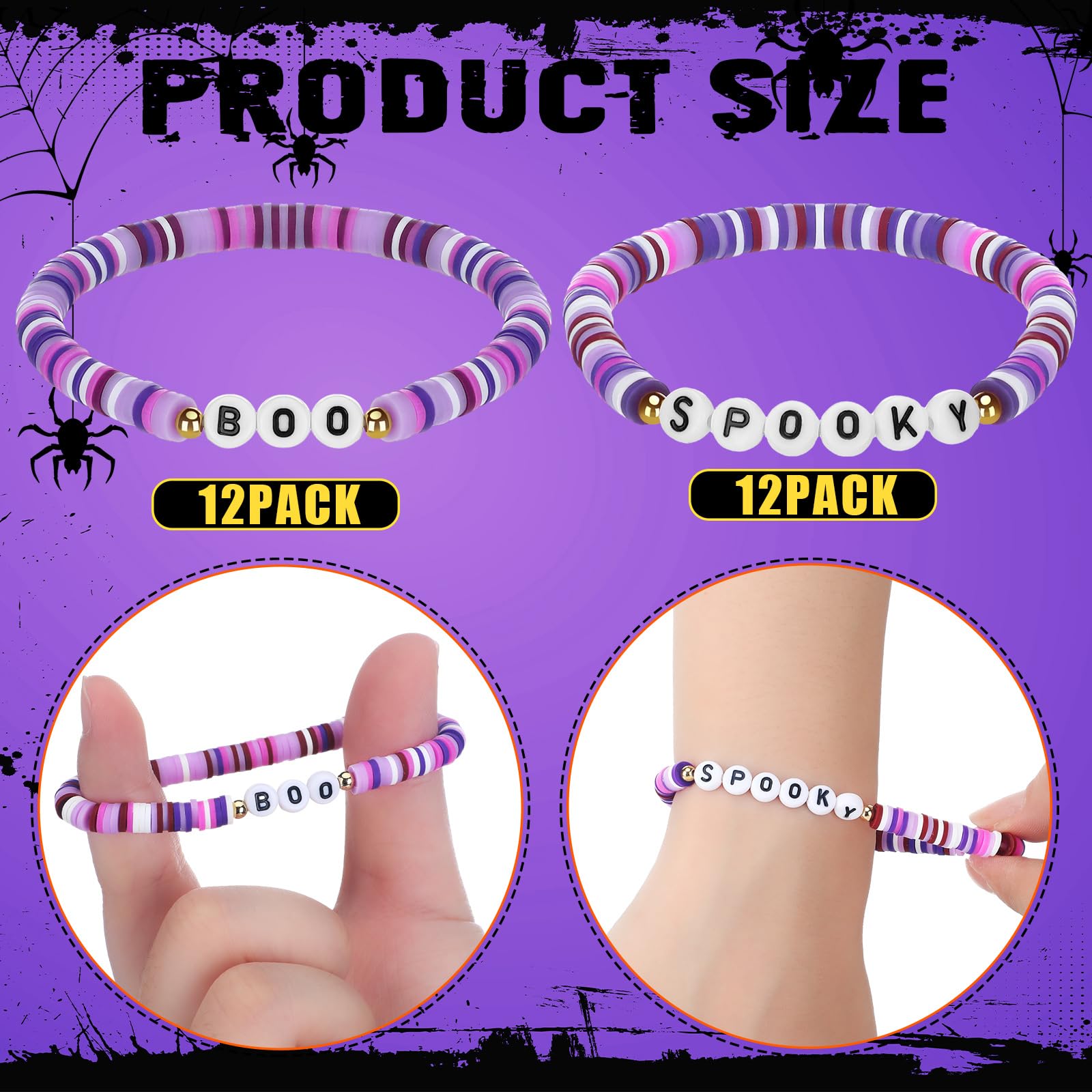 Yinkin 24 Pack Halloween Bracelets - Spooky Boo Polymer Clay Beaded Stretch Bracelets for Women Party Favors Purple Red