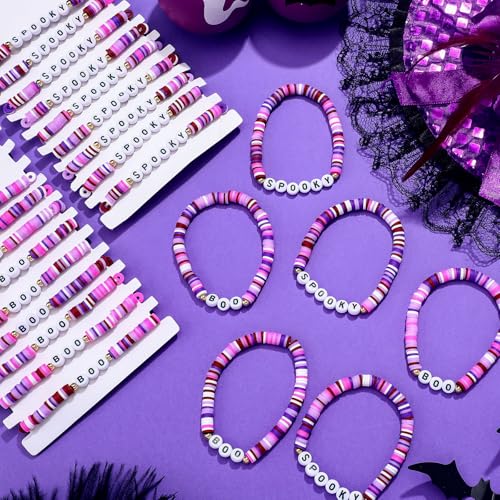 Yinkin 24 Pack Halloween Bracelets - Spooky Boo Polymer Clay Beaded Stretch Bracelets for Women Party Favors Purple Red