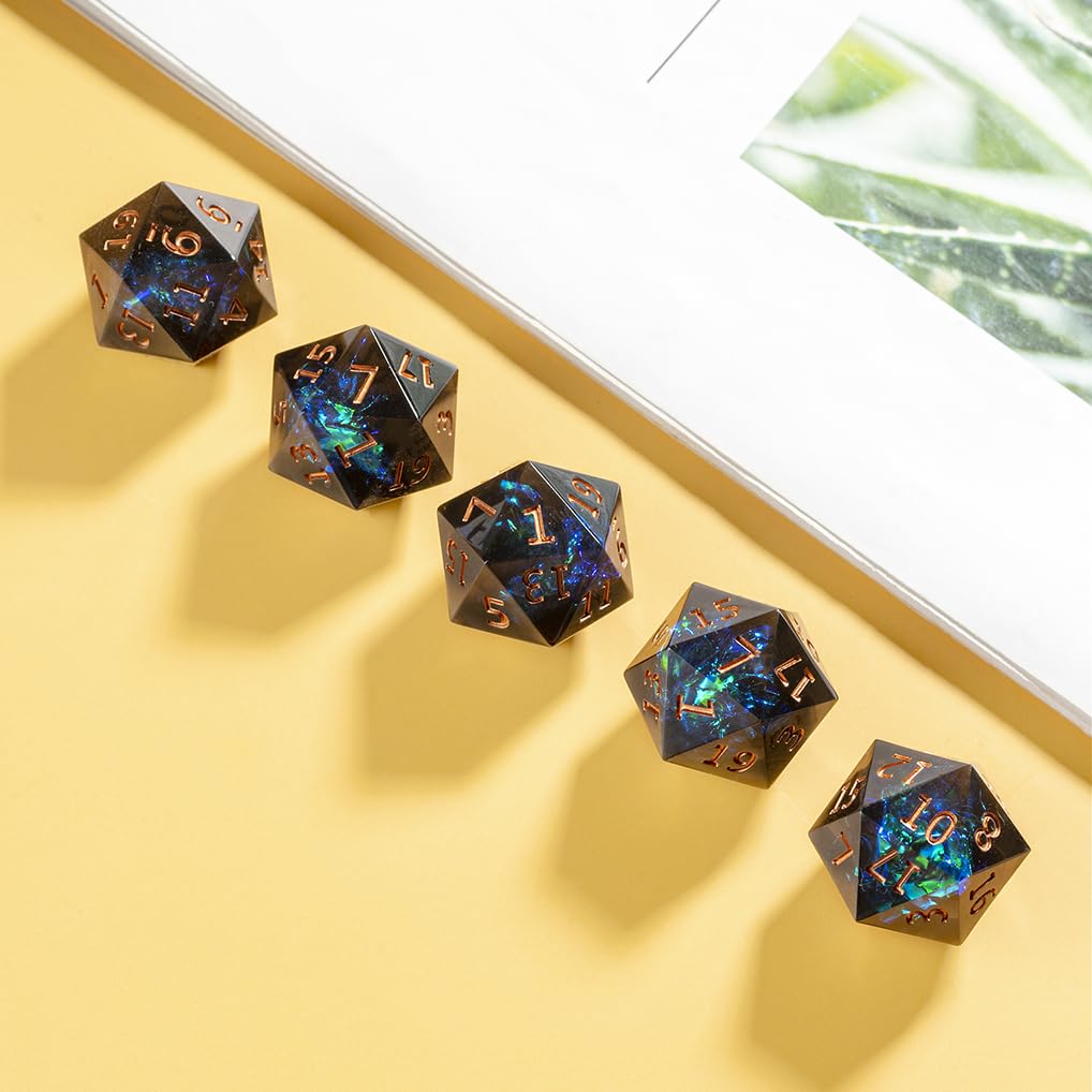 Yiotfandoll 5-Piece 22mm D20 Polyhedral Dice Set – Black Green Resin D20s for D&D, MTG & RPGs