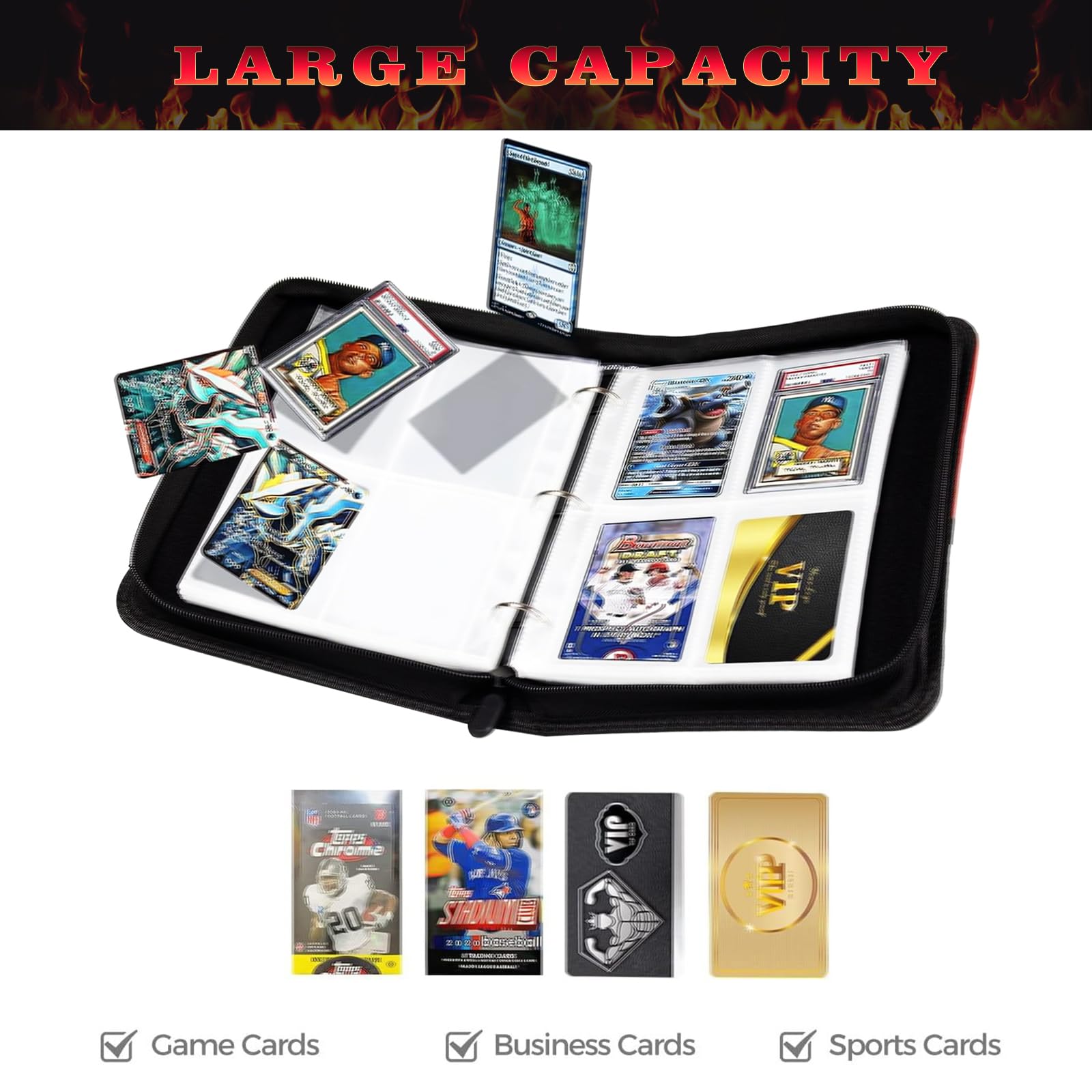 Yisheme 400-Pocket Basketball Card Binder with 50 Removable Sleeves – PU Leather Zipper Album for Trading Cards